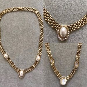 Vintage MCM Art Deco Choker Necklace Ladies gold Plated pearl Crystal neckla…